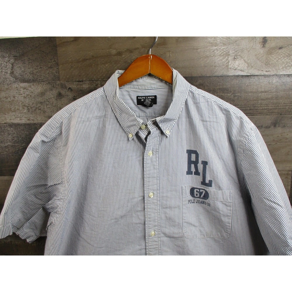 Ralph Lauren Jeans Co Shirt Mens XL Blue White Hickory Striped Work Button Up